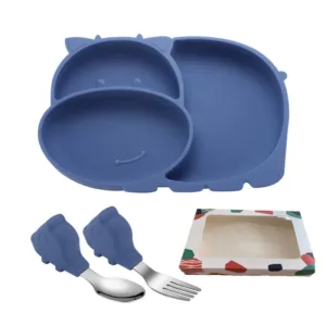 4Pcs/Set Baby Plate Cute Creative Cartoon Cow Tableware Baby Feeding Silicone Plate For Breakfast Nursning With Spoon Fork Set