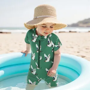 Baby Girl Swimsuit Flamingo Print Ruffle Sleeve Zip Up Back Toddler Swimwear Beachwear Bathing Suit