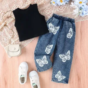 Toddler Girl Outfit Ribbed Baby Kids Girl Denim Outfits Long Sleeve Tops Love Hearts Suit Children'S Top Bottom Clothes Set
