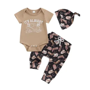 Pudcoco Baby Boy Western Outfit, Letter Print Short Sleeve Romper Boot Print Pants Hat 3 Piece Newborn Clothing Set 0-12M
