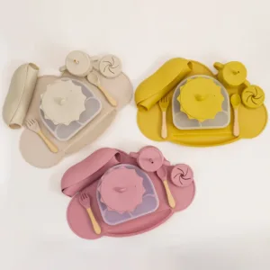 Baby Soft Silicone Waterproof Bib Cartoon Shape Baby Feeding Sucker Bowl Plate Cup Spoon Fork Sets Children's Dishes BPA Free