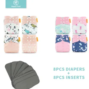 HappyFlute 8 diapers+8 Inserts Baby Cloth Diapers One Size Adjustable Washable Reusable Cloth Nappy For Baby Girls and Boys