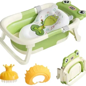Baby Bath Tub with Bath Cushion Foldable Bathtub with Thermometer Shower Cap Shower Brush for Newborn and Toddler 0-36 Months